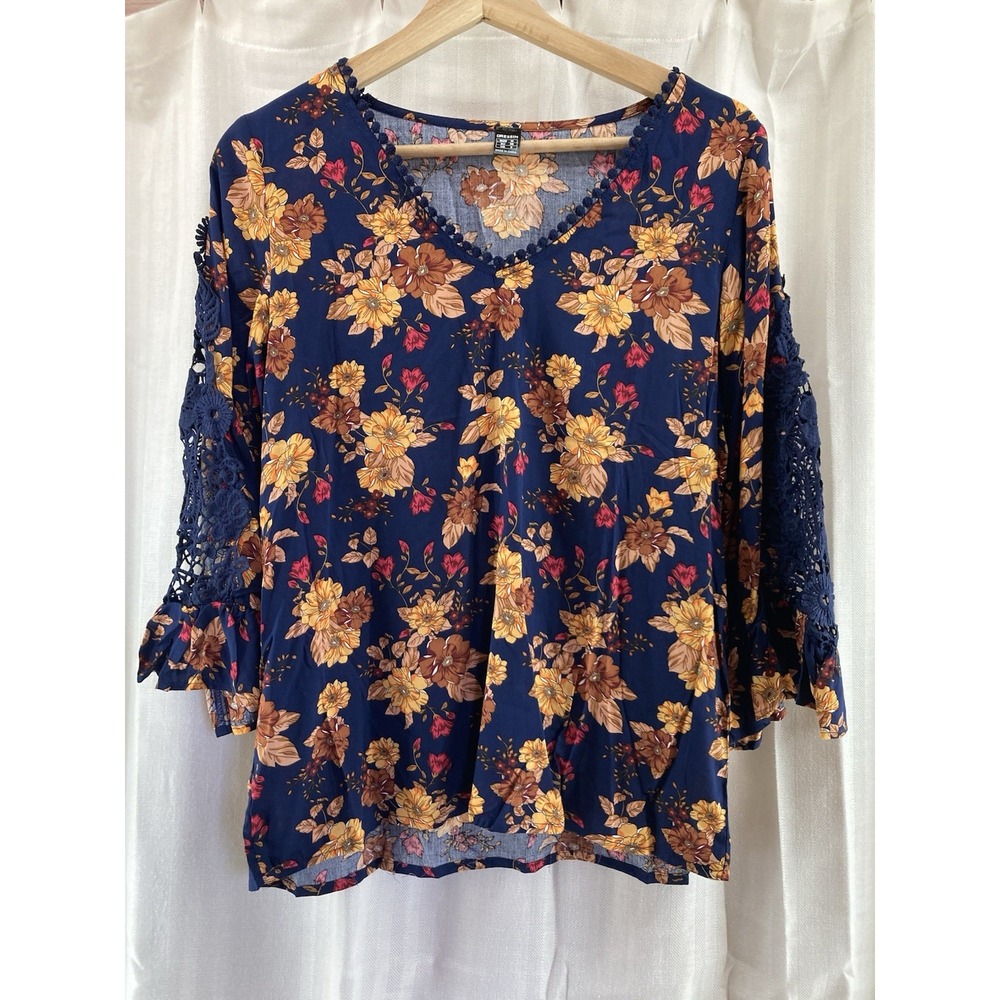 BOHO FLORAL EMBROIDERED Blue Brown V-Neck 3/4 Sleeves Top Size‎ Medium